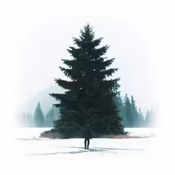 a lone person stands in front of a tall snow covered pine tree