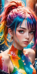 a woman with rainbow hair wearing an outfit