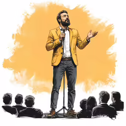 a cartoon man with his hands in the air and some people looking on