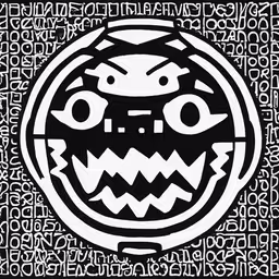 a black and white drawing of an alien face,a black and white artwork design with the word boo hoo on it