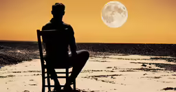 a person sitting on a chair in the sand under a full moon