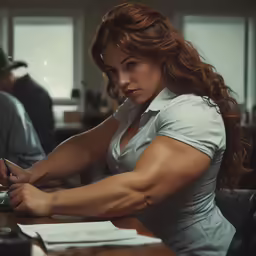 a woman sitting at a desk with her cellphone