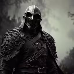a man in armor and helmet stands in a forest