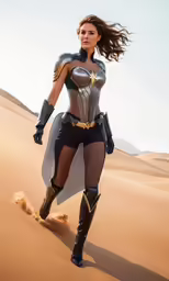 woman in costume walking through sand with a desert background