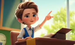 a boy sits at a desk and points