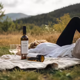 a woman lounging on a blanket with an open bottle and wineglass