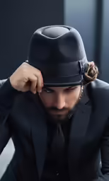 a man in black suit and tie holding his hands to the head