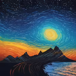 a painting depicting stars over the mountains and water