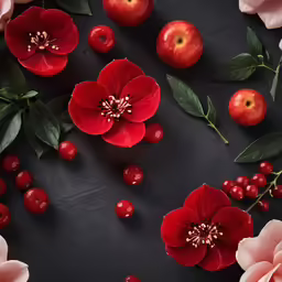 red and pink flowers and other fruit on a black surface