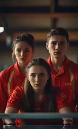two young women in red shirts looking into the camera
