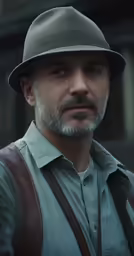 man with brown leather strap vest and hat