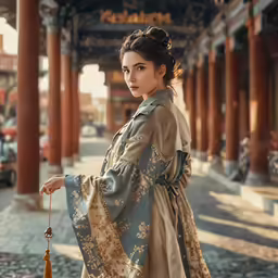 a woman in traditional chinese clothes standing near pillars