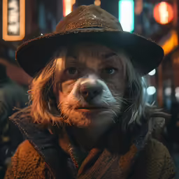 a dog wearing a hat in the dark in the middle of a street