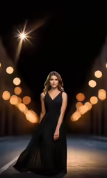 the young lady in a black dress is standing alone