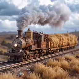 a steam locomotive blowing down the tracks with a stack of logs