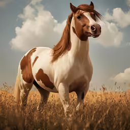 a horse standing in a grassy field with clouds