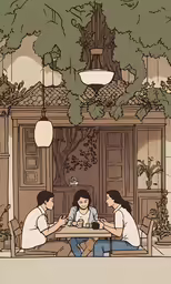 three people sitting around a table eating food