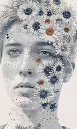 a woman has flower covered face and neck