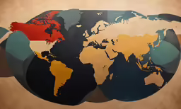 a painting with an illustration of the world in three different colors