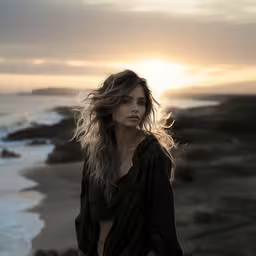 a woman with long hair near the ocean,a woman stands on a cliff with her hair blowing in the wind