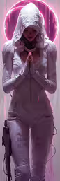 a woman wearing white, standing in front of a neon light,a female in futuristic clothes holding a gun