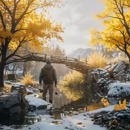 a man walking across a bridge over a river in a forest