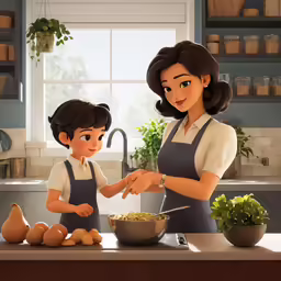 a cartoon of a little boy and his mom preparing food