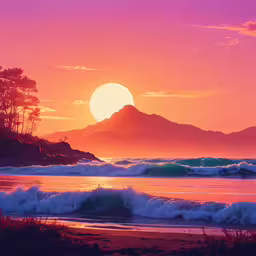 the sun setting behind some mountains and ocean,waves in the water and a red sun rising in the background