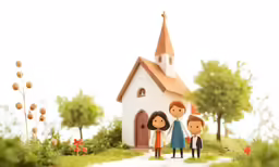 a small group of people stand outside a church