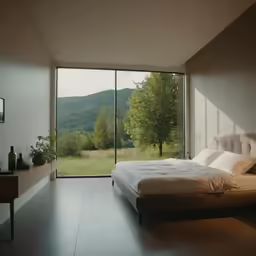 a bedroom with a large bed near large sliding doors