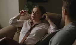 a man and woman sitting on a couch with a cell phone in hand