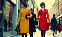 three women dressed in business attire on a street