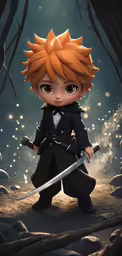 the little red - haired boy stands in front of a forest holding two swords