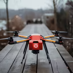 a small red and yellow flying device on top of a wooden deck