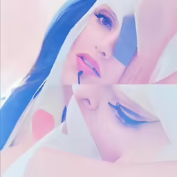 two photos of a woman with blue eyes and blue hair