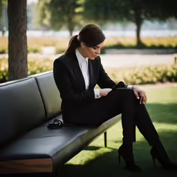 a young woman in black is sitting on a bench