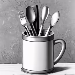 forks and spoons are in a metal mug