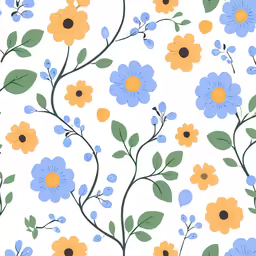 a floral print with lots of orange and blue flowers on a white background