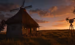 a farm house with windmill and windmill windmills on the side,the sun is setting on the countryside with an old farm house and windmill