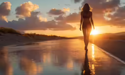 the woman is walking down the street at sunset
