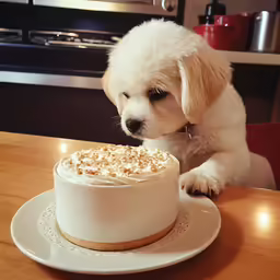a little puppy leaning over to eat a cake