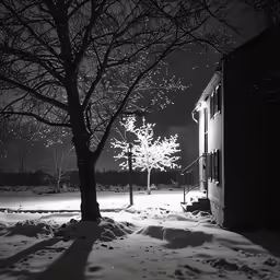 black and white photo of snow covered trees