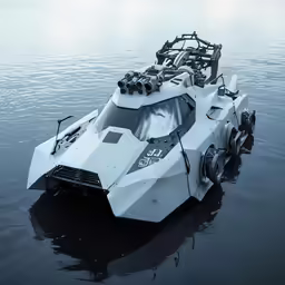 the futuristic car is parked in the water