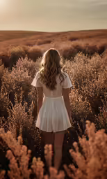 a woman in a white dress is walking through a field