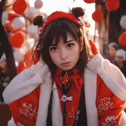 a girl is in a red sweater and white scarf
