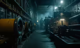 the train is coming up the track at night