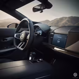 the inside of a car with a dashboard and steering wheel