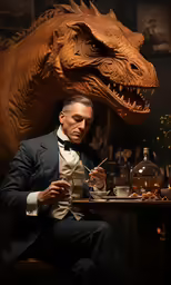 the man sitting at the dinner table is eating near an enormous dinosaur