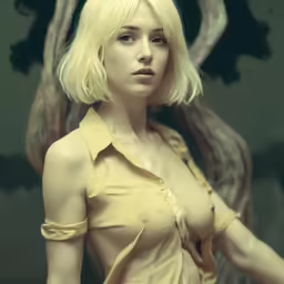 a woman with blonde hair and a yellow shirt posing for a photo