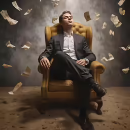 a man is sitting in an armchair surrounded by falling papers